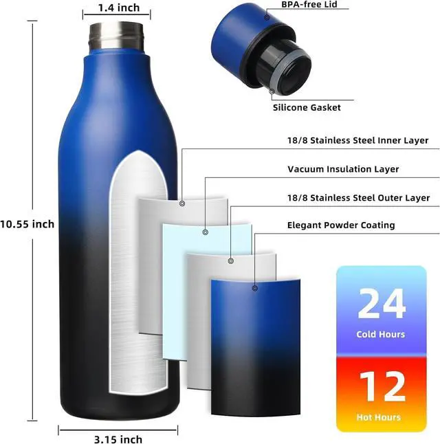 Alt view image 3 of 6 - BJPKPK Insulated Water Bottles, 25 oz Stainless Steel Metal Water Bottle with Strap, BPA Free Leak Proof Thermo, Mugs, Flasks, Reusable Water Bottle for Sports & Travel, Blue Black