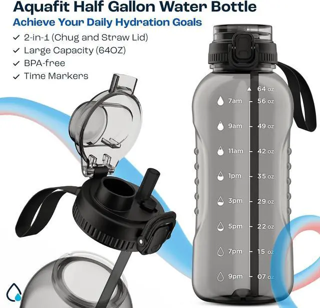 Alt view image 2 of 7 - AQUAFIT 64 oz Water Bottle with Time Marker - 2in1 Straw & Chug Lid - BPA Free Big Water Bottle with Straw - Gym Water Bottle with Strap - Water Jug (64 Ounces, Gray)