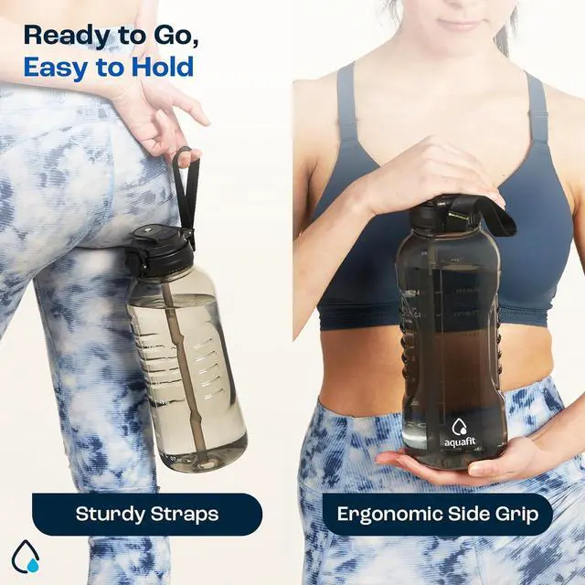 Alt view image 3 of 7 - AQUAFIT 64 oz Water Bottle with Time Marker - 2in1 Straw & Chug Lid - BPA Free Big Water Bottle with Straw - Gym Water Bottle with Strap - Water Jug (64 Ounces, Gray)