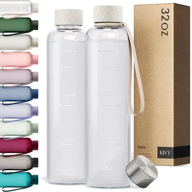 Main image of KIVY Slim Water Bottle 32oz [Lightweight & Shatterproof] Fits Backpack & Cupholder for Travel, Sports, School, Gym - Clear water bottle with measurements - Transparent Tritan Beige - Dishwasher Safe