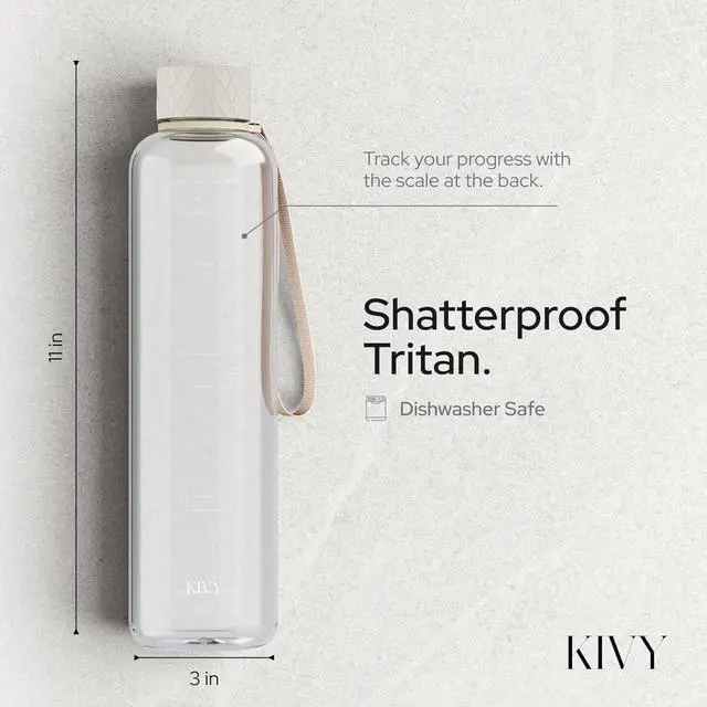 Alt view image 3 of 7 - KIVY Slim Water Bottle 32oz [Lightweight & Shatterproof] Fits Backpack & Cupholder for Travel, Sports, School, Gym - Clear water bottle with measurements - Transparent Tritan Beige - Dishwasher Safe