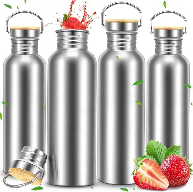 Main image of 4 Pieces Camping Water Bottle Stainless Steel Large Metal Water Bottle with Handle and Bamboo Lid Leakproof Lightweight Single Wall Stainless Steel Sports Water Bottle (34 oz)