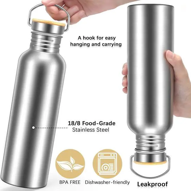 Alt view image 2 of 7 - 4 Pieces Camping Water Bottle Stainless Steel Large Metal Water Bottle with Handle and Bamboo Lid Leakproof Lightweight Single Wall Stainless Steel Sports Water Bottle (34 oz)
