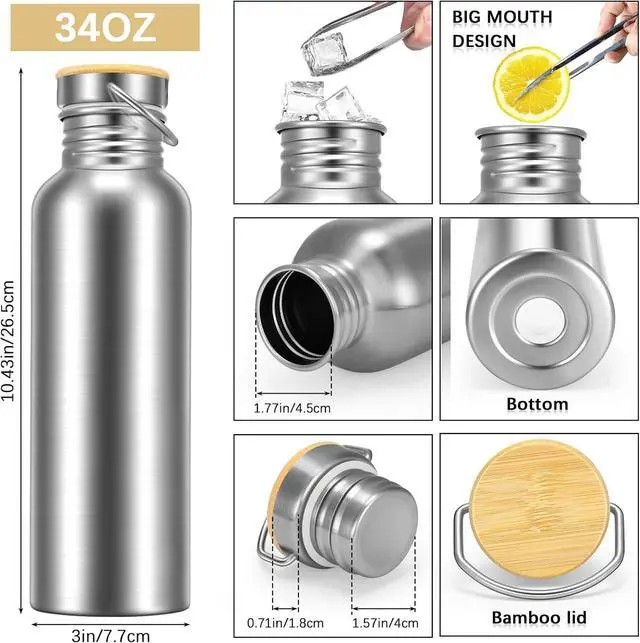 Alt view image 3 of 7 - 4 Pieces Camping Water Bottle Stainless Steel Large Metal Water Bottle with Handle and Bamboo Lid Leakproof Lightweight Single Wall Stainless Steel Sports Water Bottle (34 oz)