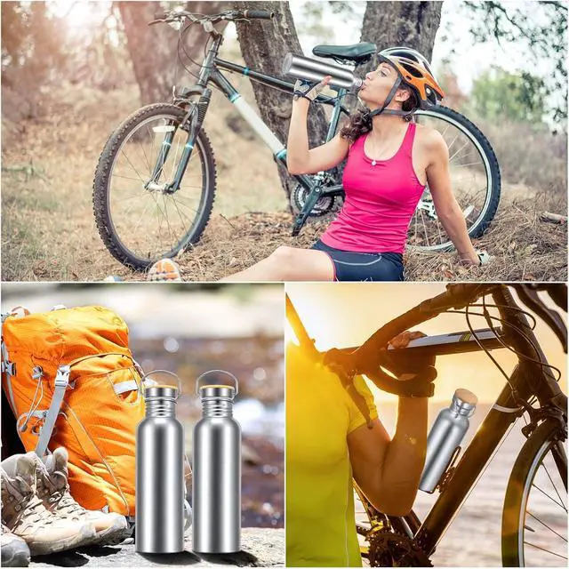 Alt view image 5 of 7 - 4 Pieces Camping Water Bottle Stainless Steel Large Metal Water Bottle with Handle and Bamboo Lid Leakproof Lightweight Single Wall Stainless Steel Sports Water Bottle (34 oz)
