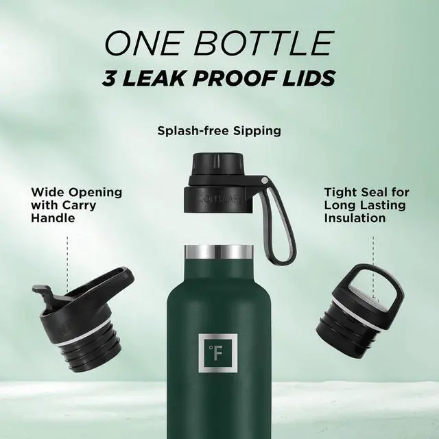 Alt view image 6 of 7 - IRON °FLASK Camping & Hiking Hydration Canteens - 3 Lids (Narrow Spout Lid) Leak Proof Vacuum Insulated Stainless Steel - Hot & Cold Double Walled Sports Water Bottle - Dark Pine, 24 Oz