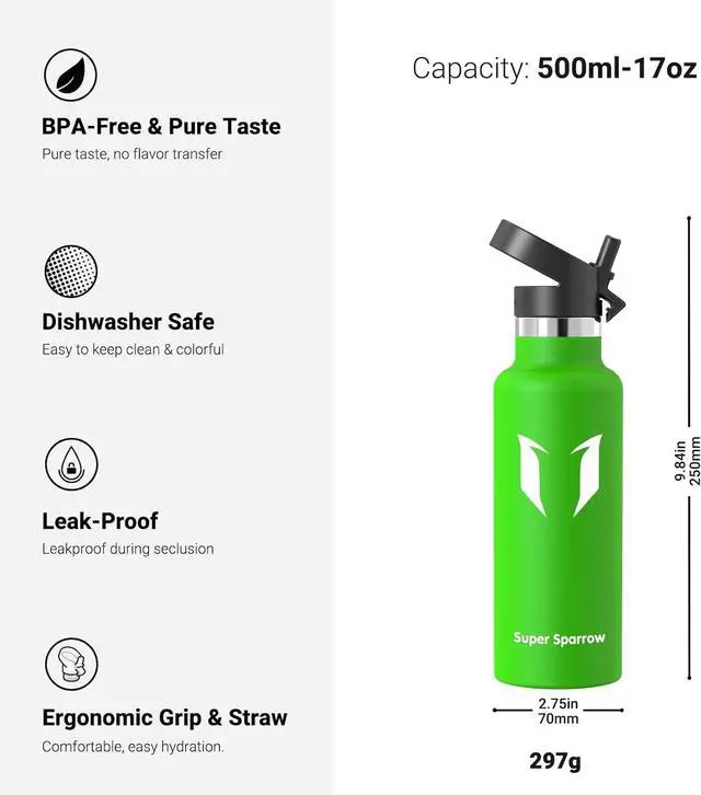 Alt view image 3 of 7 - Super Sparrow Water Bottle Insulated - 17 Oz / 25 Oz / 32 Oz - Standard Mouth FlipFlow Flask - BPA Free, Leak Proof Drink Bottle- Ergonomic Straw Water Bottle for Work, Gym, Travel, Sports, Outdoor