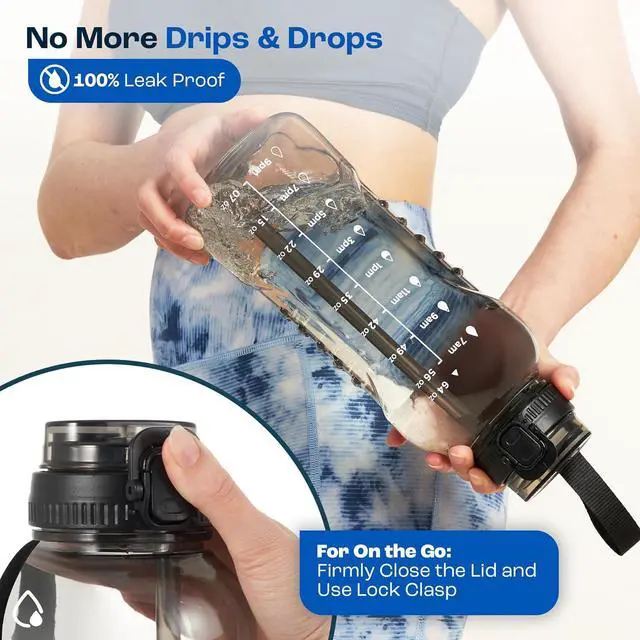 Alt view image 5 of 7 - AQUAFIT 64 oz Water Bottle with Time Marker - 2in1 Straw & Chug Lid - BPA Free Big Water Bottle with Straw - Gym Water Bottle with Strap - Water Jug (64 Ounces, Gray)