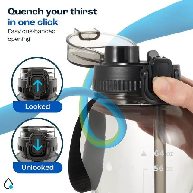 Alt view image 6 of 7 - AQUAFIT 64 oz Water Bottle with Time Marker - 2in1 Straw & Chug Lid - BPA Free Big Water Bottle with Straw - Gym Water Bottle with Strap - Water Jug (64 Ounces, Gray)