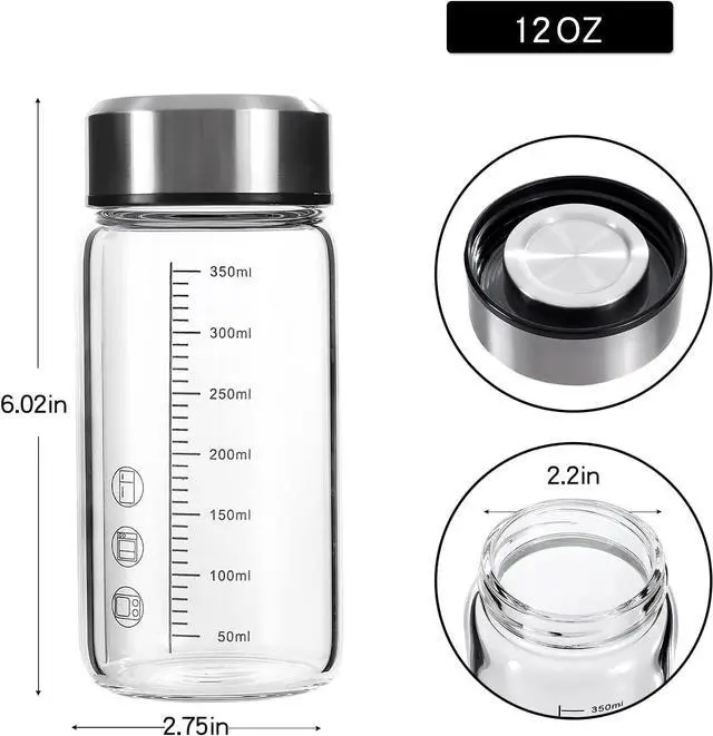 Alt view image 2 of 7 - 12Oz Glass Water Bottle,Glass Shaker Bottle,0.15in/3.8mm Thick Glass,Small Wide Mouth Glass Water Bottle with Lid,Glass Shaker Bottles for Protein Mixes,Glass Juice Bottle