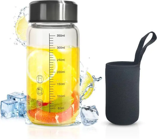 Alt view image 4 of 7 - 12Oz Glass Water Bottle,Glass Shaker Bottle,0.15in/3.8mm Thick Glass,Small Wide Mouth Glass Water Bottle with Lid,Glass Shaker Bottles for Protein Mixes,Glass Juice Bottle