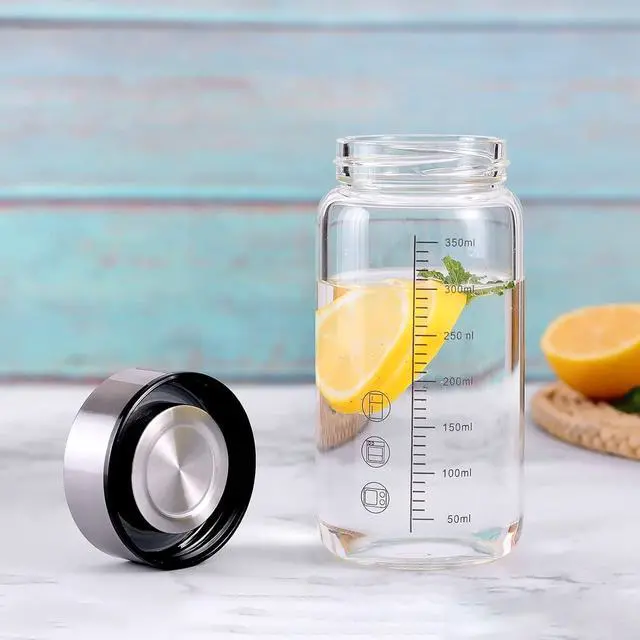 Alt view image 6 of 7 - 12Oz Glass Water Bottle,Glass Shaker Bottle,0.15in/3.8mm Thick Glass,Small Wide Mouth Glass Water Bottle with Lid,Glass Shaker Bottles for Protein Mixes,Glass Juice Bottle