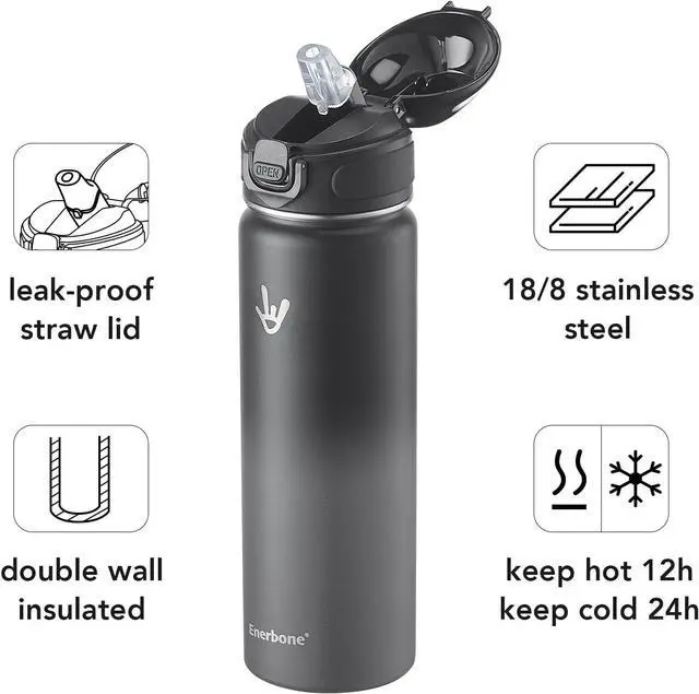 Alt view image 2 of 7 - Enerbone Insulated Water Bottle, 24 oz Stainless Steel Water Bottles with Carrying Strap, Double-Wall Vacuum Insulation Thermos, Leakproof Sports Bottle with Straw, Keep Drinks Hot or Cold for Hours