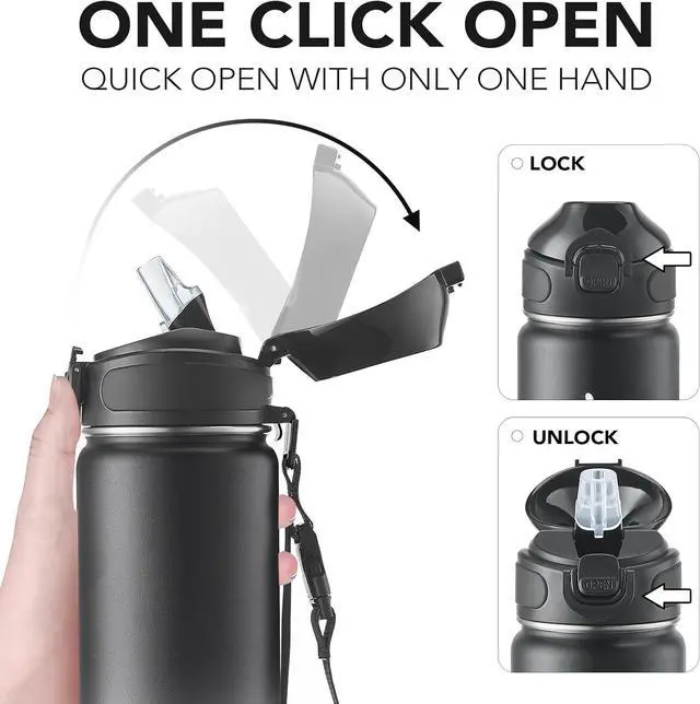 Alt view image 3 of 7 - Enerbone Insulated Water Bottle, 24 oz Stainless Steel Water Bottles with Carrying Strap, Double-Wall Vacuum Insulation Thermos, Leakproof Sports Bottle with Straw, Keep Drinks Hot or Cold for Hours