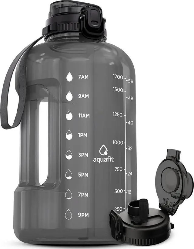 Main image of AQUAFIT 64 oz Water Bottle with Time Marker, BPA Free Half Gallon Water Bottle with Straw, Gym Water Bottle with Handle, Gallon Water Jug, Big Water Bottle, Large Water Bottle (Gray, 64oz 2in1 Lid)