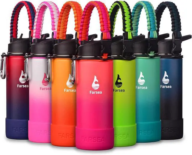 Main image of Farsea Insulated Water Bottle With Paracord Handle, Protective Silicone Boot and 2 Lids (Straw Lid & Spout Lid), Stainless Steel Water Bottle Wide Mouth, Double Wall Sweat-Proof BPA-Free, 18 oz