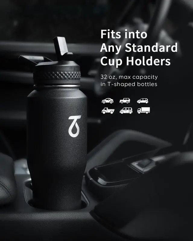 Alt view image 2 of 7 - Trebo 32oz Water Bottle Insulated Leakproof (Keep Cold for 48 Hrs),Double Wall Vacuum Stainless Steel Insulated Tumbler Flask Paracord Handle,Straw Spout Lids,Fit in Any Car Cup Holder,Black