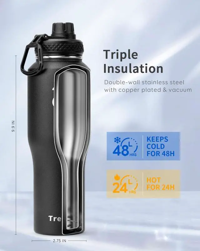 Alt view image 3 of 7 - Trebo 32oz Water Bottle Insulated Leakproof (Keep Cold for 48 Hrs),Double Wall Vacuum Stainless Steel Insulated Tumbler Flask Paracord Handle,Straw Spout Lids,Fit in Any Car Cup Holder,Black