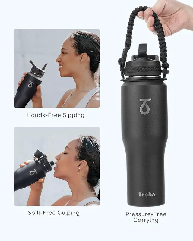 Alt view image 4 of 7 - Trebo 32oz Water Bottle Insulated Leakproof (Keep Cold for 48 Hrs),Double Wall Vacuum Stainless Steel Insulated Tumbler Flask Paracord Handle,Straw Spout Lids,Fit in Any Car Cup Holder,Black