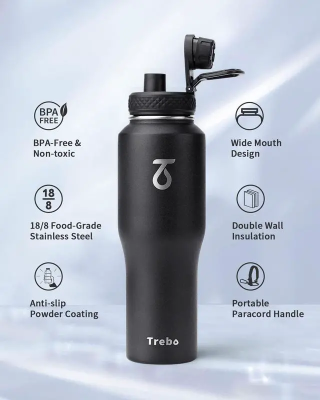 Alt view image 5 of 7 - Trebo 32oz Water Bottle Insulated Leakproof (Keep Cold for 48 Hrs),Double Wall Vacuum Stainless Steel Insulated Tumbler Flask Paracord Handle,Straw Spout Lids,Fit in Any Car Cup Holder,Black