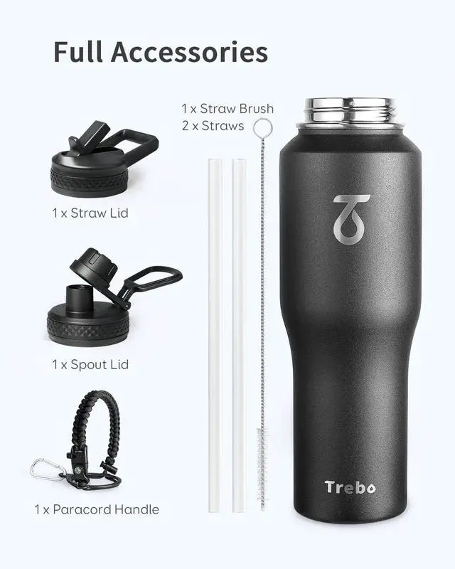 Alt view image 7 of 7 - Trebo 32oz Water Bottle Insulated Leakproof (Keep Cold for 48 Hrs),Double Wall Vacuum Stainless Steel Insulated Tumbler Flask Paracord Handle,Straw Spout Lids,Fit in Any Car Cup Holder,Black