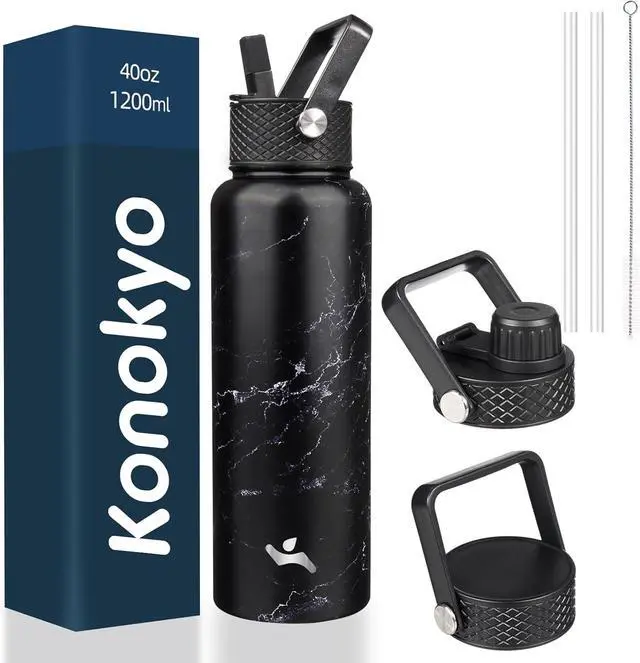 Main image of 40oz Insulated Water Bottle Stainless Steel Sport Bottles with 3 Lids,Marble Midnight