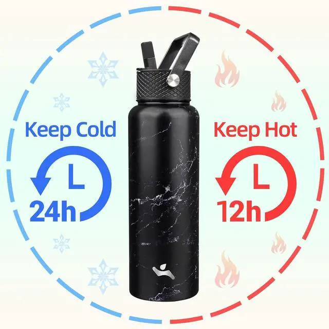 Alt view image 2 of 7 - 40oz Insulated Water Bottle Stainless Steel Sport Bottles with 3 Lids,Marble Midnight