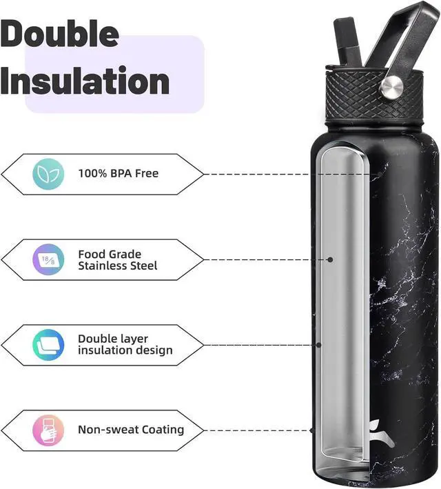 Alt view image 4 of 7 - 40oz Insulated Water Bottle Stainless Steel Sport Bottles with 3 Lids,Marble Midnight