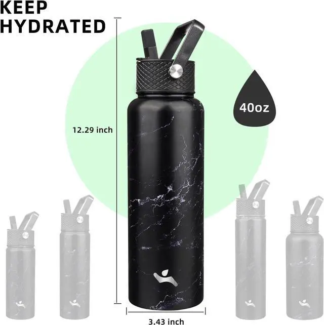 Alt view image 5 of 7 - 40oz Insulated Water Bottle Stainless Steel Sport Bottles with 3 Lids,Marble Midnight