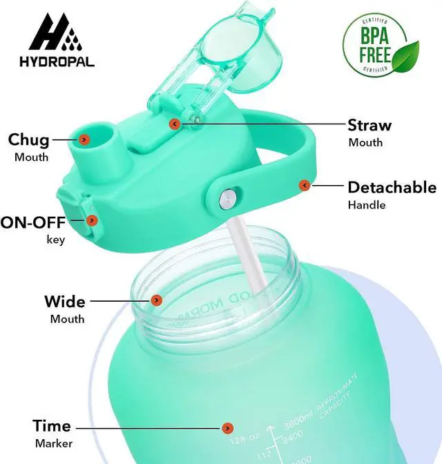 Alt view image 2 of 7 - HydroPal 1 Gallon Water Bottles with Straw, 128 oz / 3.8L Water Bottle BPA Free Innovative 2-IN-1 Lid Gym Bottle with Times to Drink Motivational, Large for Sports Fitness Camping Water Jug One Gallon