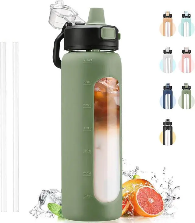 Main image of Kodrine Water Bottle With Straw and Carry Handle, Glass Water Bottle 24 oz Leak Proof Locking Lid with Soft Silicone Spout, Small Clear Water Bottle, Travel Sports Water Jug, Time Marker, Olive