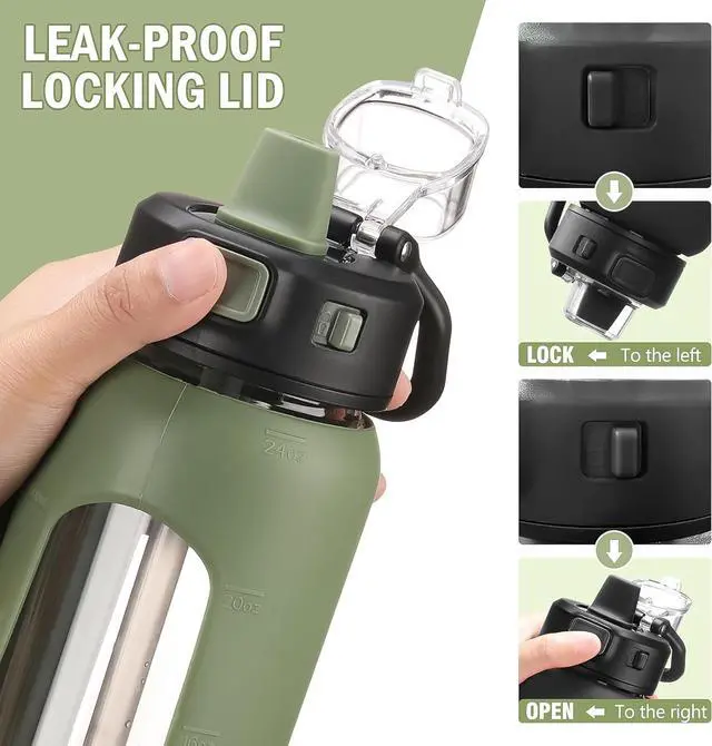Alt view image 2 of 7 - Kodrine Water Bottle With Straw and Carry Handle, Glass Water Bottle 24 oz Leak Proof Locking Lid with Soft Silicone Spout, Small Clear Water Bottle, Travel Sports Water Jug, Time Marker, Olive