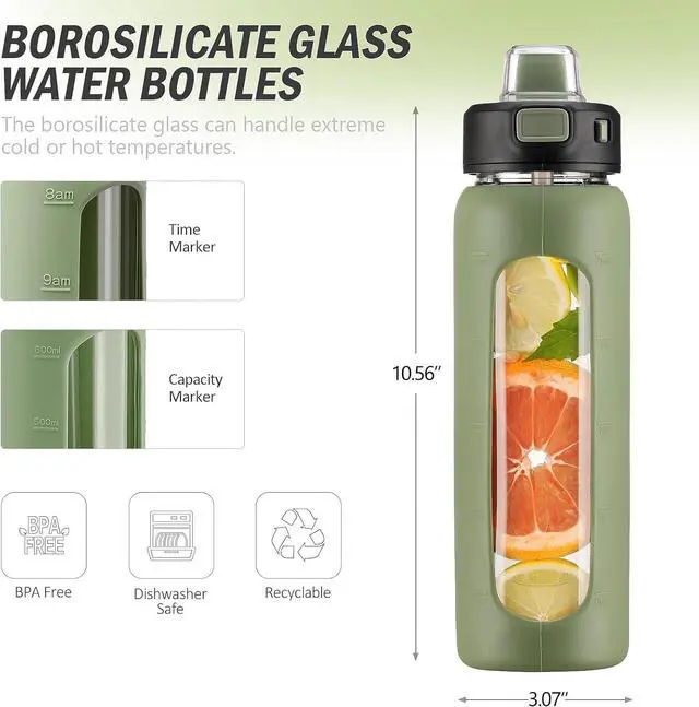 Alt view image 3 of 7 - Kodrine Water Bottle With Straw and Carry Handle, Glass Water Bottle 24 oz Leak Proof Locking Lid with Soft Silicone Spout, Small Clear Water Bottle, Travel Sports Water Jug, Time Marker, Olive