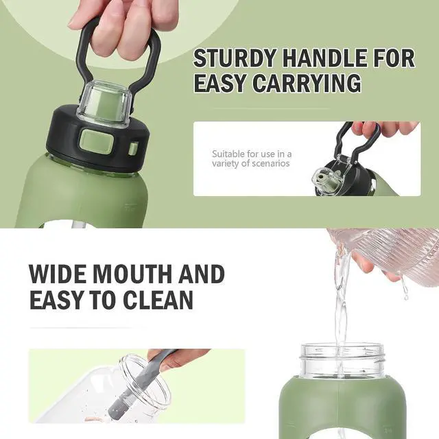 Alt view image 4 of 7 - Kodrine Water Bottle With Straw and Carry Handle, Glass Water Bottle 24 oz Leak Proof Locking Lid with Soft Silicone Spout, Small Clear Water Bottle, Travel Sports Water Jug, Time Marker, Olive