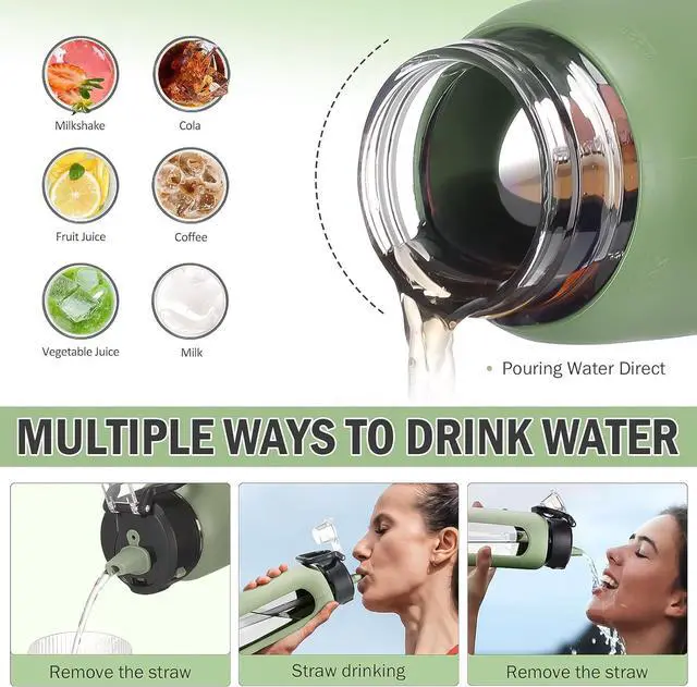 Alt view image 5 of 7 - Kodrine Water Bottle With Straw and Carry Handle, Glass Water Bottle 24 oz Leak Proof Locking Lid with Soft Silicone Spout, Small Clear Water Bottle, Travel Sports Water Jug, Time Marker, Olive