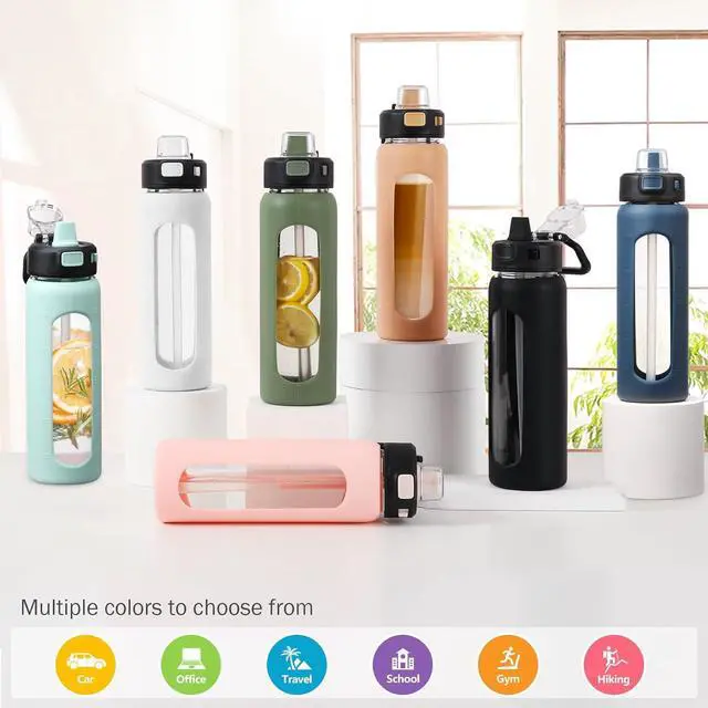 Alt view image 7 of 7 - Kodrine Water Bottle With Straw and Carry Handle, Glass Water Bottle 24 oz Leak Proof Locking Lid with Soft Silicone Spout, Small Clear Water Bottle, Travel Sports Water Jug, Time Marker, Olive