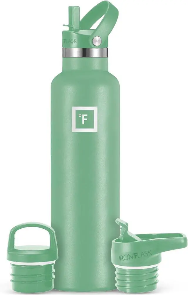 Main image of IRON °FLASK Camping & Hiking Hydration Canteens - 3 Lids (Narrow Straw Lid) Leak Proof Vacuum Insulated Stainless Steel - Hot & Cold Double Walled Sports Water Bottle - Sage, 24 Oz