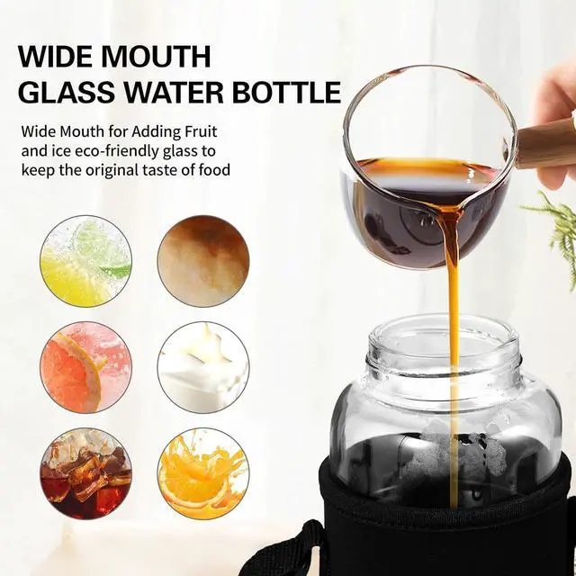 Alt view image 2 of 6 - 40 oz Glass Water Bottles - Large, Clear, Borosilicate Glass Water Bottle with Stainless Tea Infuser - Cup-Function Lid, Neoprene Sleeve, Strap - Wide Mouth BPA free, for Tea, Beverages, Juice