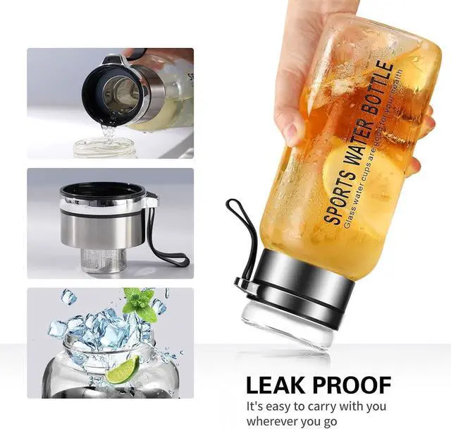 Alt view image 4 of 6 - 40 oz Glass Water Bottles - Large, Clear, Borosilicate Glass Water Bottle with Stainless Tea Infuser - Cup-Function Lid, Neoprene Sleeve, Strap - Wide Mouth BPA free, for Tea, Beverages, Juice