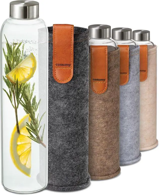 Main image of Glass Water Bottle 25oz with Felt Sleeve - Dishwasher Safe - Leakproof Lid - BPA Free - Glass Bottles for Carbonated Beverage & Juicing (Anthracite)