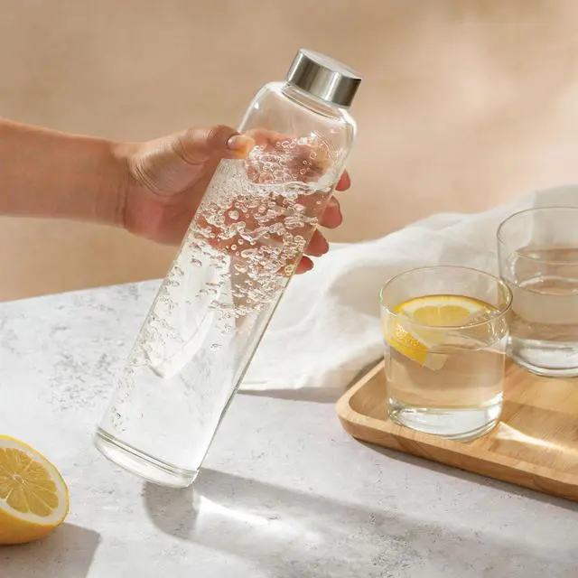 Alt view image 3 of 7 - Glass Water Bottle 25oz with Felt Sleeve - Dishwasher Safe - Leakproof Lid - BPA Free - Glass Bottles for Carbonated Beverage & Juicing (Anthracite)