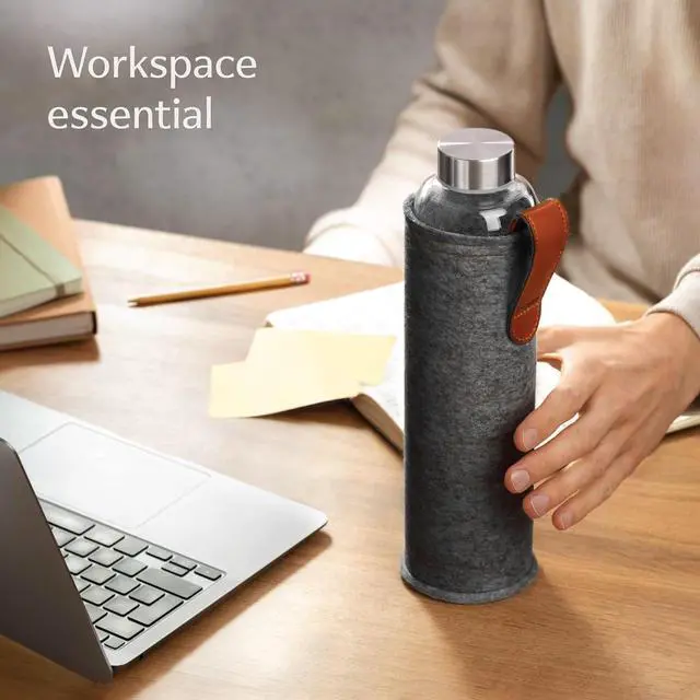 Alt view image 6 of 7 - Glass Water Bottle 25oz with Felt Sleeve - Dishwasher Safe - Leakproof Lid - BPA Free - Glass Bottles for Carbonated Beverage & Juicing (Anthracite)