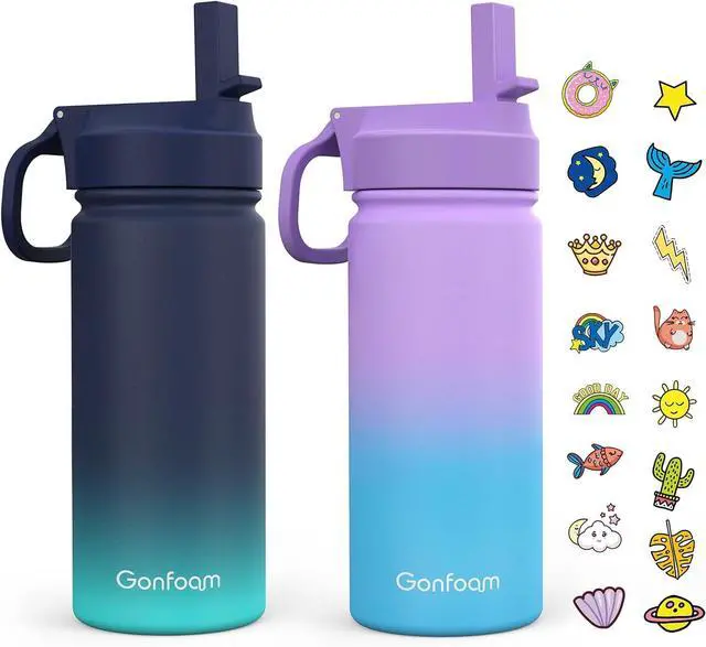 Main image of Kids Water Bottle, 2-Pack 16oz Water Bottles with Stickers and Straw, Stainless Steel Vacuum Insulated cup, Kids Water Bottle for School, Gifts for Boys and Girls(Blue/Purple)