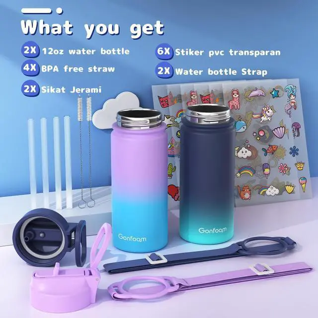 Alt view image 3 of 6 - Kids Water Bottle, 2-Pack 16oz Water Bottles with Stickers and Straw, Stainless Steel Vacuum Insulated cup, Kids Water Bottle for School, Gifts for Boys and Girls(Blue/Purple)