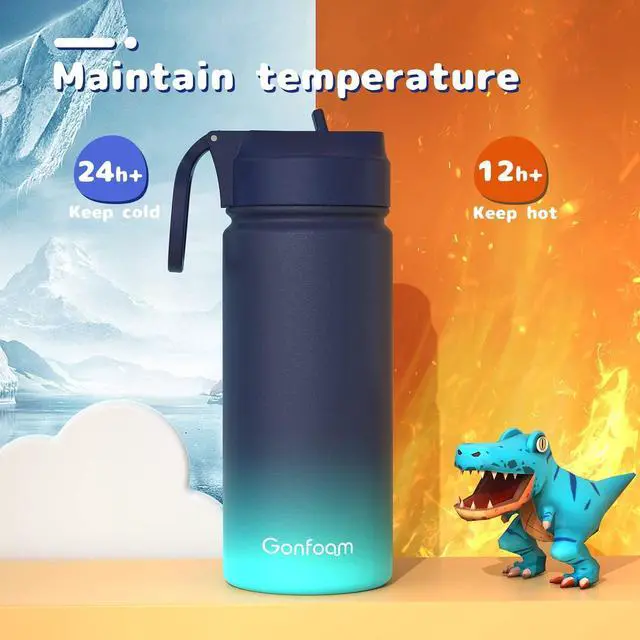 Alt view image 6 of 6 - Kids Water Bottle, 2-Pack 16oz Water Bottles with Stickers and Straw, Stainless Steel Vacuum Insulated cup, Kids Water Bottle for School, Gifts for Boys and Girls(Blue/Purple)