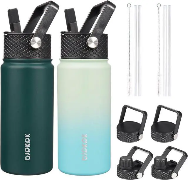 Main image of BJPKPK 2 Pack Insulated Water Bottles with Straw Lids, 18oz Stainless Steel Metal Water Bottle with 6 Lids, Leak Proof BPA Free Thermos, Cups, Flasks for Travel, Sports (Army Green+Mint)