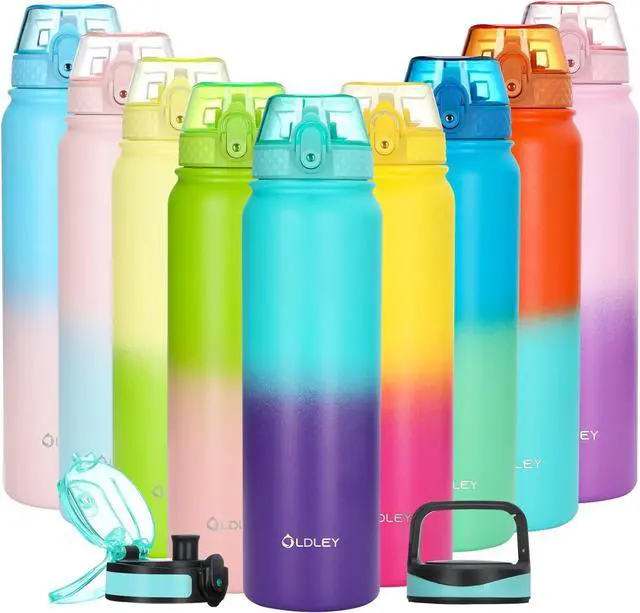 Main image of OLDLEY Insulated Water Bottle with Straw 32oz Stainless Steel Water Bottles with 3 lids Double-Wall Vacuum Thermal for Kids Adults School Sports,A-Green-purple