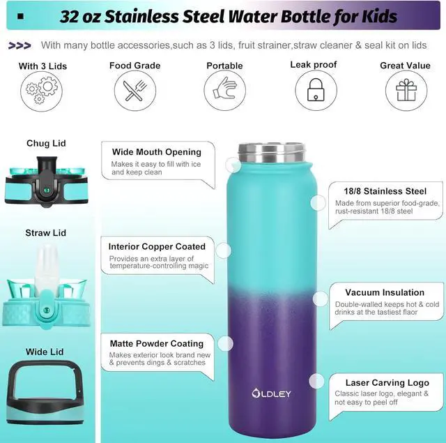 Alt view image 2 of 6 - OLDLEY Insulated Water Bottle with Straw 32oz Stainless Steel Water Bottles with 3 lids Double-Wall Vacuum Thermal for Kids Adults School Sports,A-Green-purple