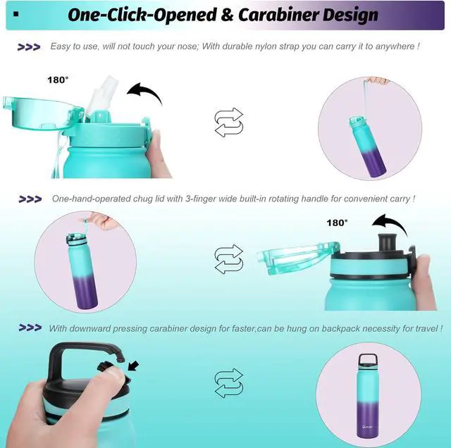 Alt view image 3 of 6 - OLDLEY Insulated Water Bottle with Straw 32oz Stainless Steel Water Bottles with 3 lids Double-Wall Vacuum Thermal for Kids Adults School Sports,A-Green-purple