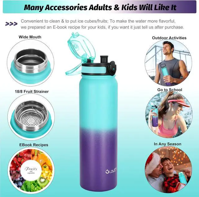 Alt view image 4 of 6 - OLDLEY Insulated Water Bottle with Straw 32oz Stainless Steel Water Bottles with 3 lids Double-Wall Vacuum Thermal for Kids Adults School Sports,A-Green-purple
